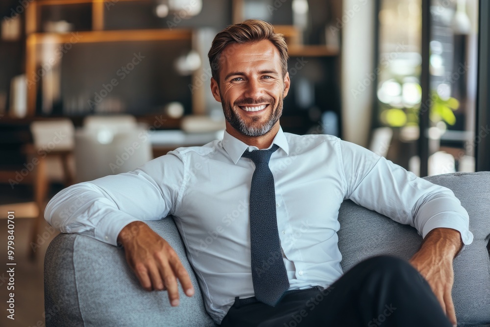 Smiling businessman leaning back confidently in a bright modern office symbolizing leadership success and the calm confidence of professional achievement Smiling businessman leaning back confidently in a bright modern office symbolizing leadership success and the calm confidence of professional achievement