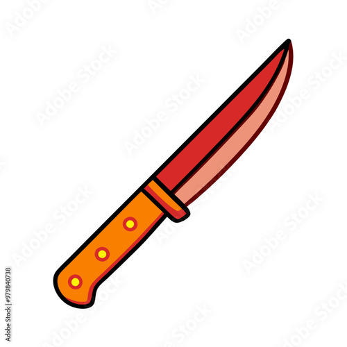 A cartoon knife with a red handle and a yellow blade. The knife is drawn in a cartoon style and is placed on a white background