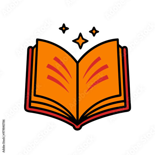 A book with a red and orange cover. The book is open to a page with a star on it