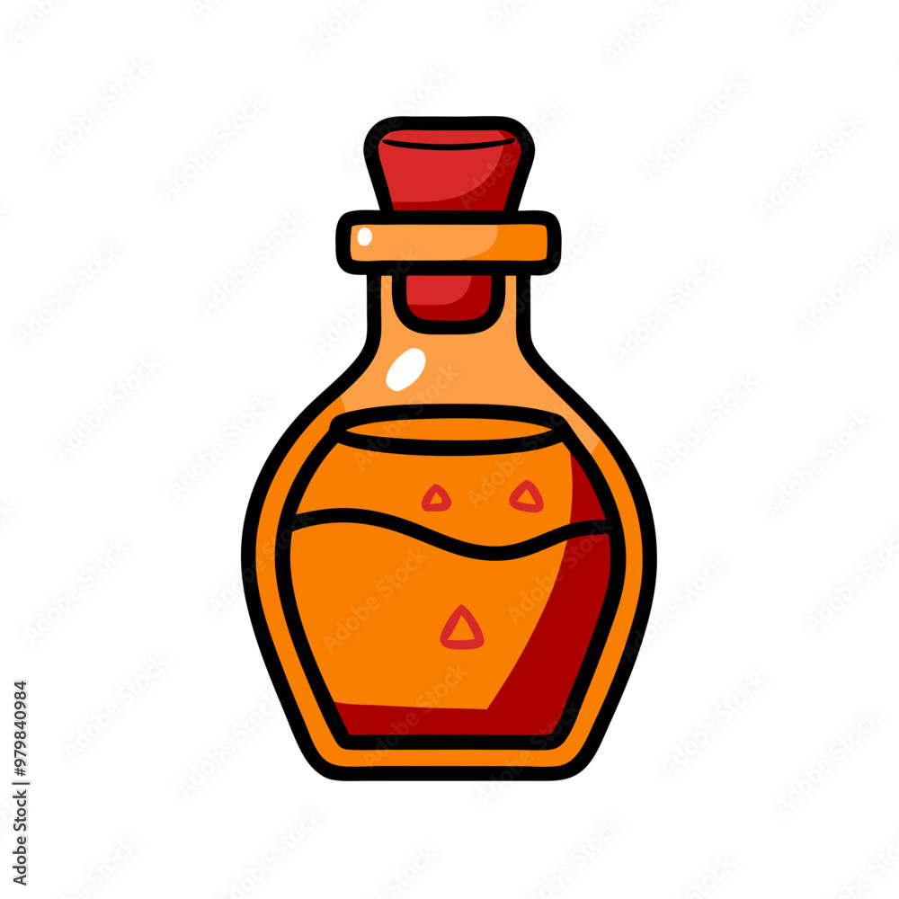 A cartoonish drawing of a bottle of liquid with a cork stopper. The bottle is orange and has a red top A cartoonish drawing of a bottle of liquid with a cork stopper. The bottle is orange and has a red top