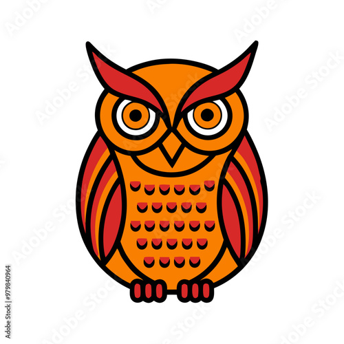 The owl is orange and red with big eyes. It is sitting on a white background. The owl has a fierce and intimidating appearance, which makes it a great symbol for Halloween or other spooky themes