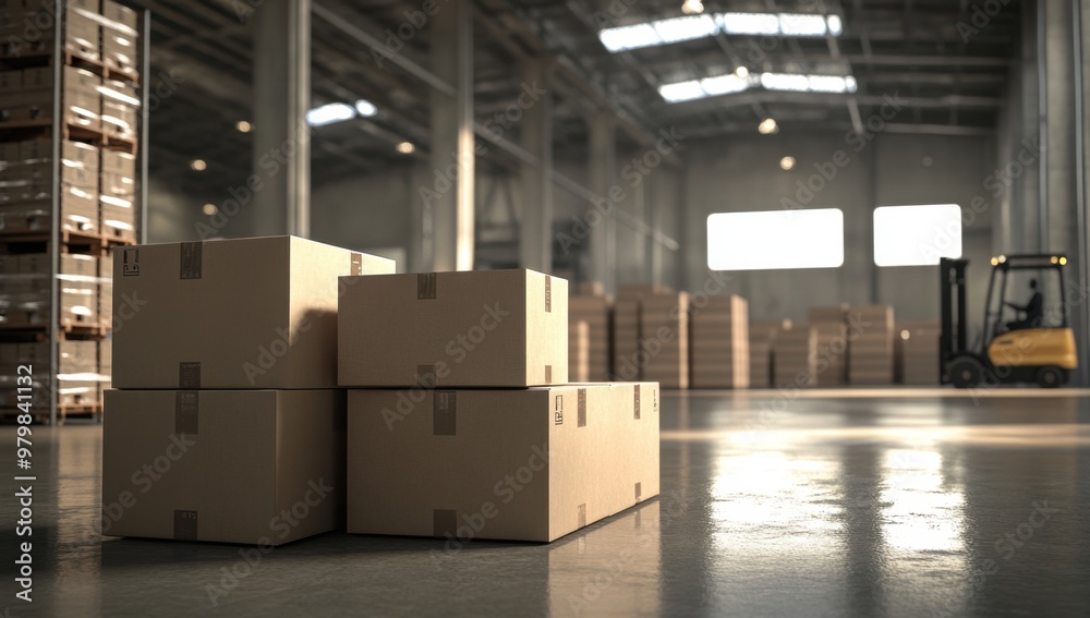 Three large cardboard boxes stacked on top of each other in the foreground, with an empty warehouse behind them and pallets containing more boxes in the background Generative AI Three large cardboard boxes stacked on top of each other in the foreground, with an empty warehouse behind them and pallets containing more boxes in the background Generative AI