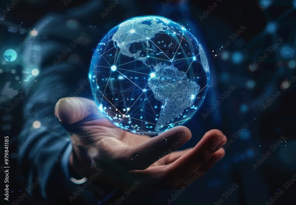 A businessman holds in his hand the glowing hologram of planet Earth with digital connections, blue colors on a dark background. This is a concept for a global network and connectivity, data transfer A businessman holds in his hand the glowing hologram of planet Earth with digital connections, blue colors on a dark background. This is a concept for a global network and connectivity, data transfer