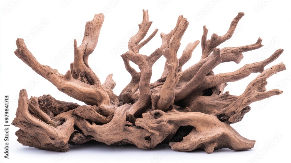 A beautifully detailed driftwood piece rests isolated on a white backdrop, highlighting its organic form and intricate textures A beautifully detailed driftwood piece rests isolated on a white backdrop, highlighting its organic form and intricate textures