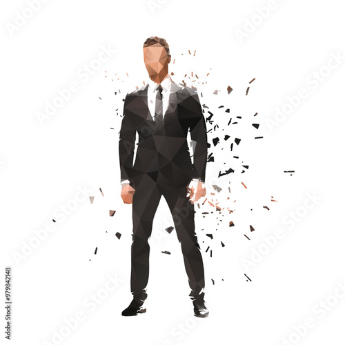 Business man standing in suit, low poly isolated vector illustration with distortion effect
