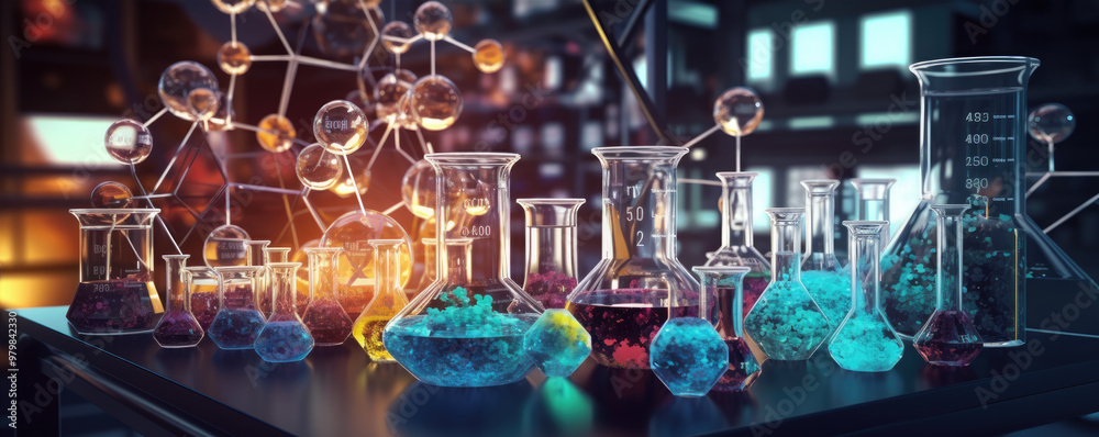 laboratory chemical glasses research and development, science and chemistry concept
