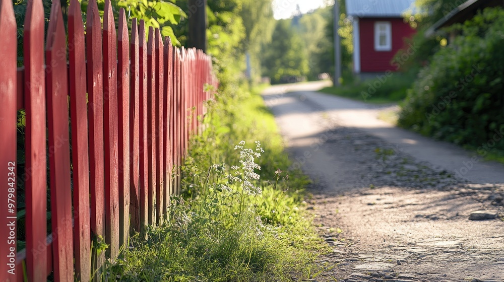 A bright red fence surrounds a house, adding charm to the sunny summer day along a peaceful country road lined with greenery A bright red fence surrounds a house, adding charm to the sunny summer day along a peaceful country road lined with greenery