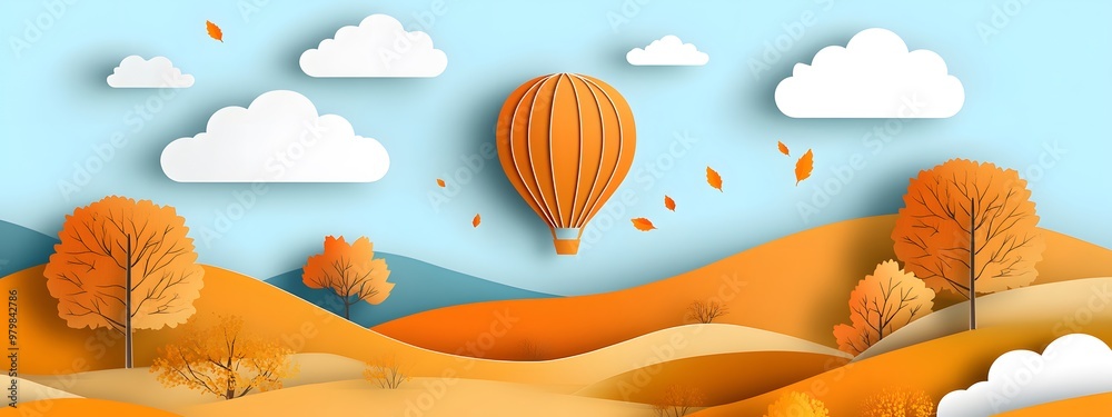 Naklejka premium A paper-cut style depiction of an orange hot air balloon floating over rolling hills, with trees and clouds in the sky