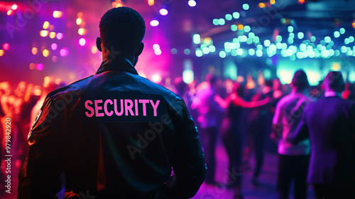 Security guard watches over nightclub as party goers dance in the background photo