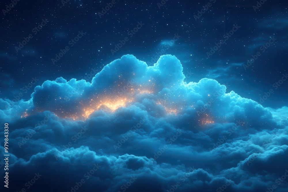 ethereal data cloud translucent layers of information floating in serene blue atmosphere
