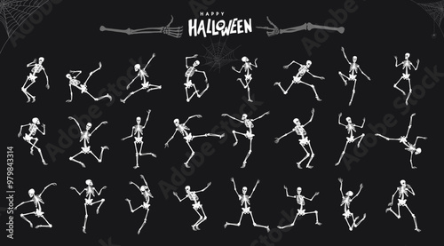 Big set of white skeletons vector in different positions. Realistic collection of dancing Halloween party or Day of the dead skeletons. Template design creepy, scary human bones characters silhouettes