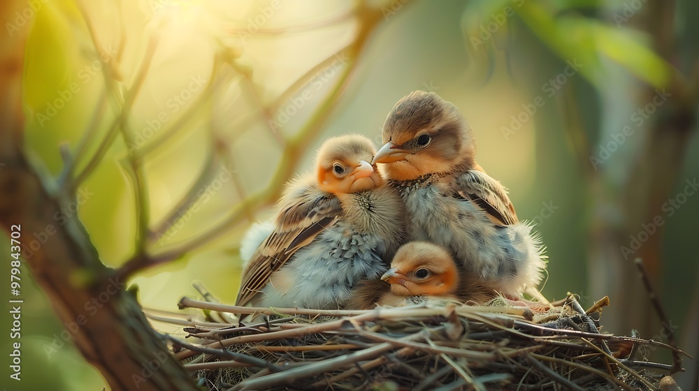 Cute little birds huddled together under watch look a the mother Cute little birds huddled together under watch look a the mother
