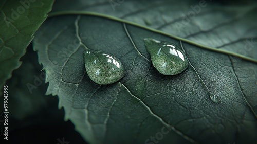 Two Drops of Water on Leaf, Dew, Veins, Single