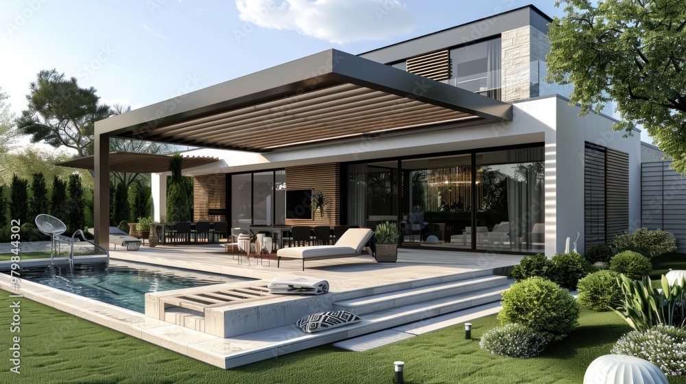 A large house with a patio and a pool A large house with a patio and a pool