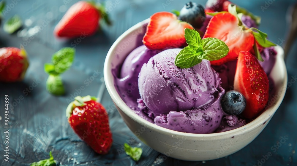 Blueberry ice cream topped with fresh strawberries Blueberry ice cream topped with fresh strawberries