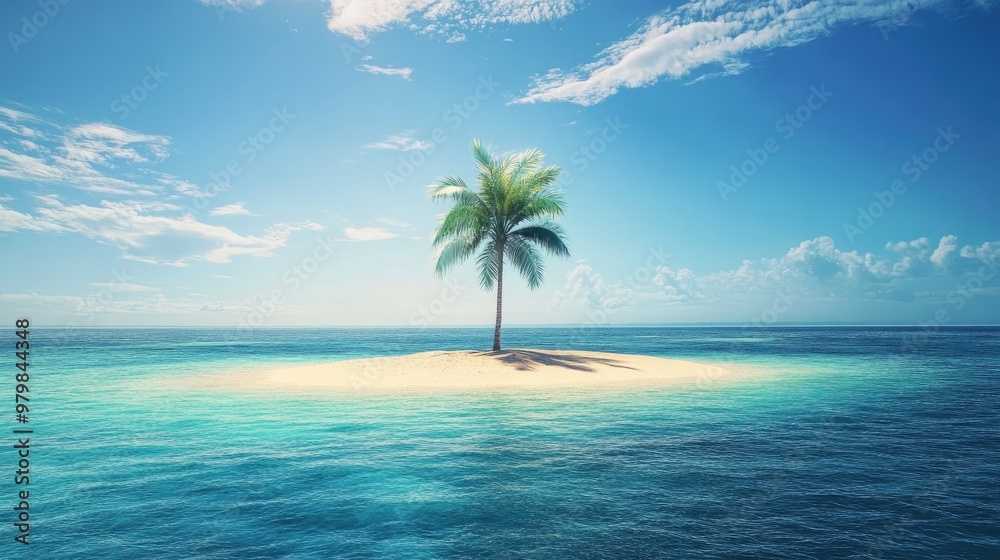 A deserted island with a single palm tree, surrounded by turquoise waters under a clear blue sky A deserted island with a single palm tree, surrounded by turquoise waters under a clear blue sky