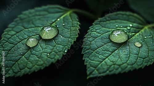 Two Drops of Water on Leaf, Dew, Veins, Single