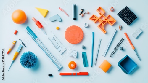 Colorful assorted office supplies and stationery items arranged on a white background, ideal for creativity and work concepts.