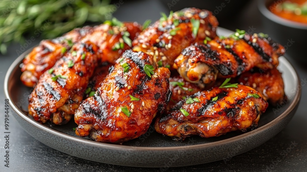 grilled sticky chicken wings on a plate, set against a dark background