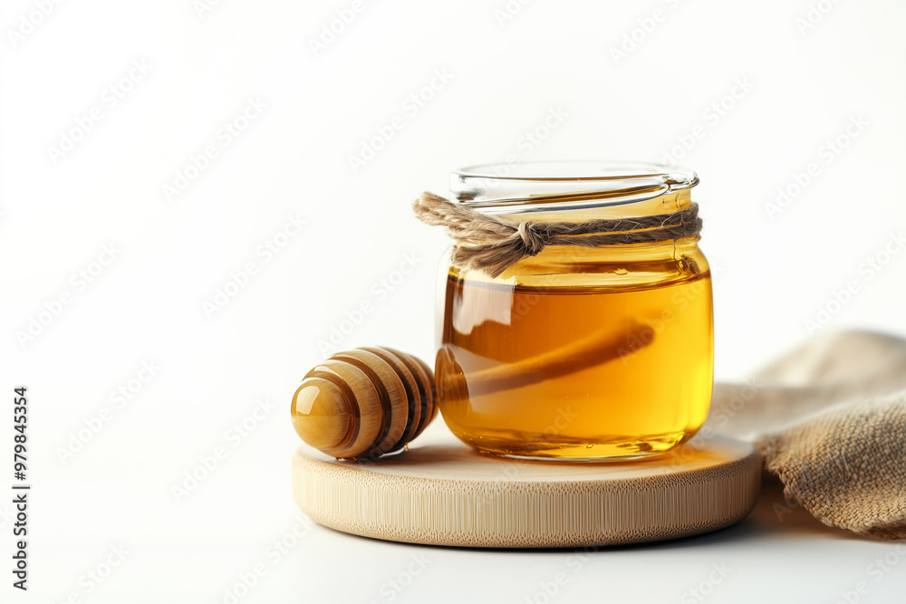 Natural honey in a jar that highlights honeycomb isolated on white transparent background Natural honey in a jar that highlights honeycomb isolated on white transparent background