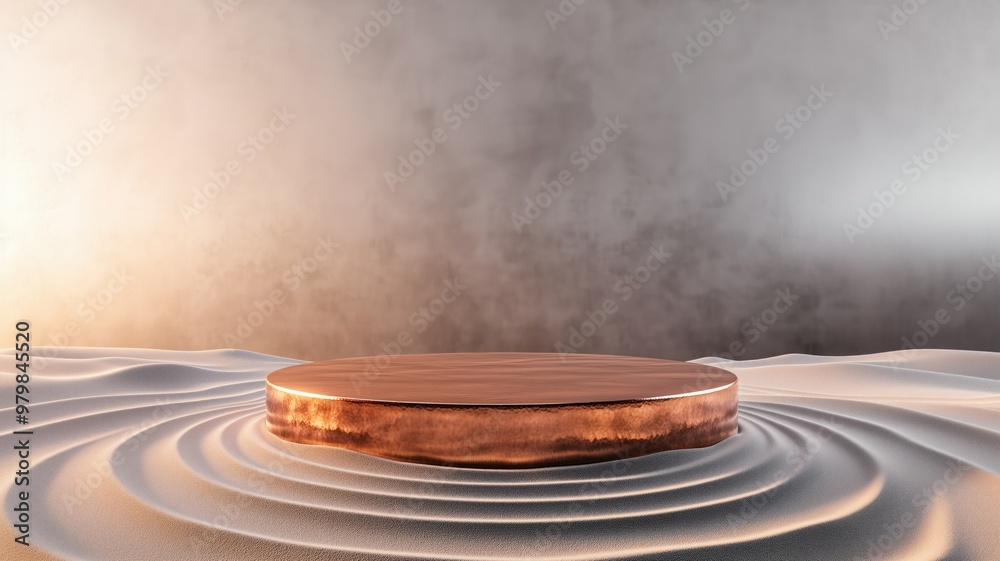 Obraz premium A copper podium on concentric sand ripples with a soft, warm glow, ideal for nature-themed or relaxation-focused product displays. High quality illustration.