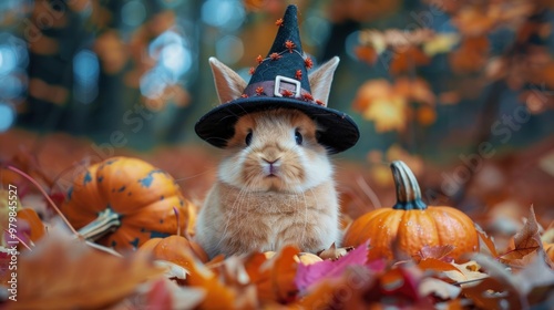 Adorable bunny wearing a witch hat surrounded by pumpkins and autumn leaves. photo