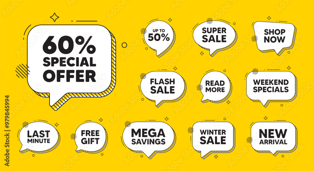 Obraz premium Offer speech bubble icons. 60 percent discount offer tag. Sale price promo sign. Special offer symbol. Discount chat offer. Speech bubble discount banner. Text box balloon. Vector