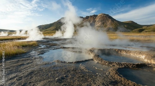 A geothermal area with bubbling mud pools, surrounded by volcanic rock formations and steam vents