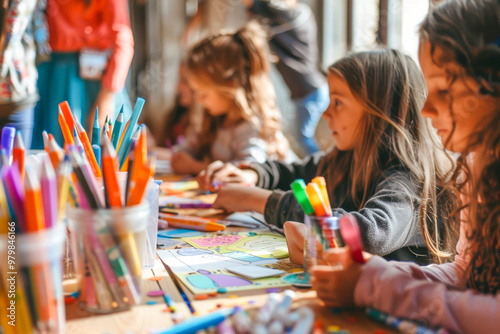 Children engaged in creative coloring activity