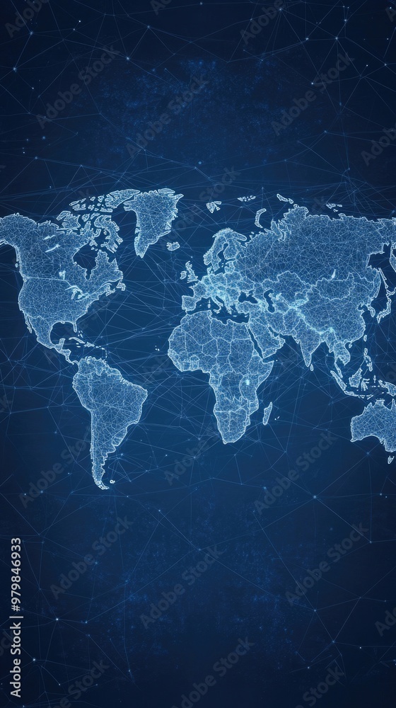 Fototapeta premium This visual displays a digital world map featuring a grid structure, symbolizing global connectivity in cyberspace technology