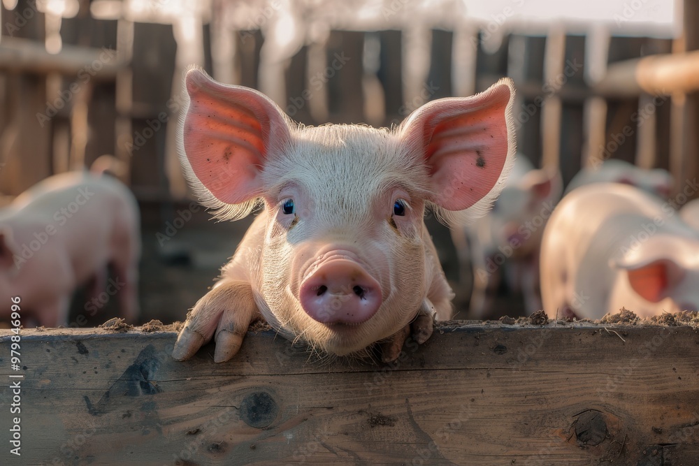 A cute piglet with big ears and a pink nose is sitting on the edge of its pen, looking at you curiously. The background shows other pigs in their own fences. This photo was taken using a Canon EOS R5 A cute piglet with big ears and a pink nose is sitting on the edge of its pen, looking at you curiously. The background shows other pigs in their own fences. This photo was taken using a Canon EOS R5