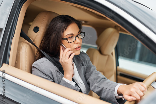 Business, woman and driving a car with phone call for communication, conversation or morning commute. Professional driver, person or talking on smartphone in vehicle for travel, contact or discussion