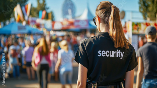 Woman security officer monitoring the crowds at a bustling amusement park midway photo