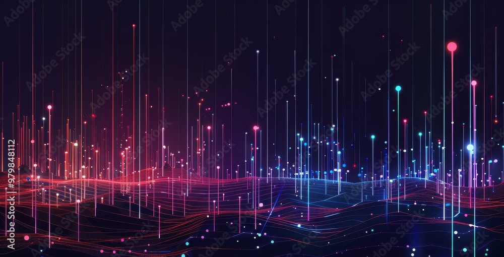 A dark background with many colorful glowing lines and shapes, creating an abstract digital landscape. The scene includes a large number of vertical white straight line elements arranged in rows on th A dark background with many colorful glowing lines and shapes, creating an abstract digital landscape. The scene includes a large number of vertical white straight line elements arranged in rows on th