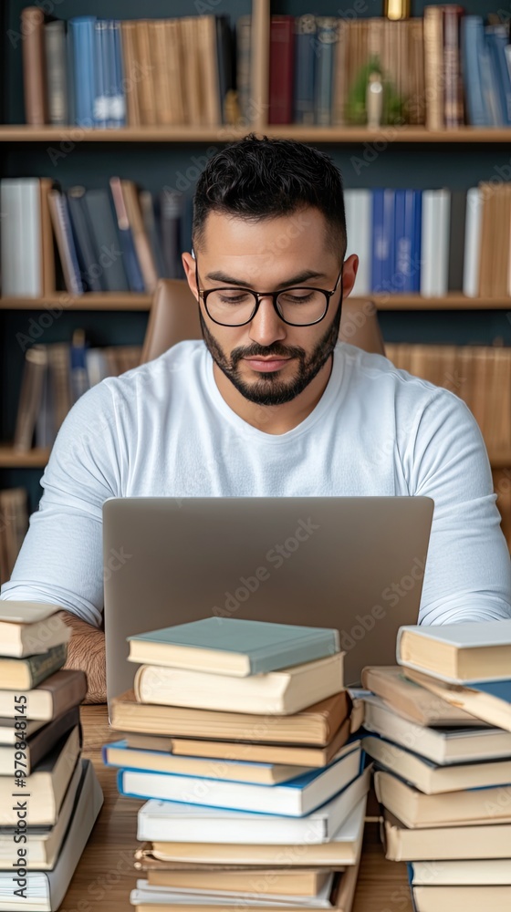 A young businessman sits alone at his desk at night, focused on his laptop, with books and papers scattered around him in a bright office A young businessman sits alone at his desk at night, focused on his laptop, with books and papers scattered around him in a bright office