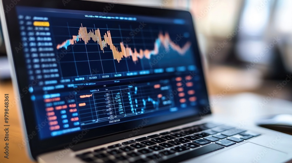 A laptop screen showing a series of economic graphs with multiple trend lines indicating fluctuations in different sectors A laptop screen showing a series of economic graphs with multiple trend lines indicating fluctuations in different sectors