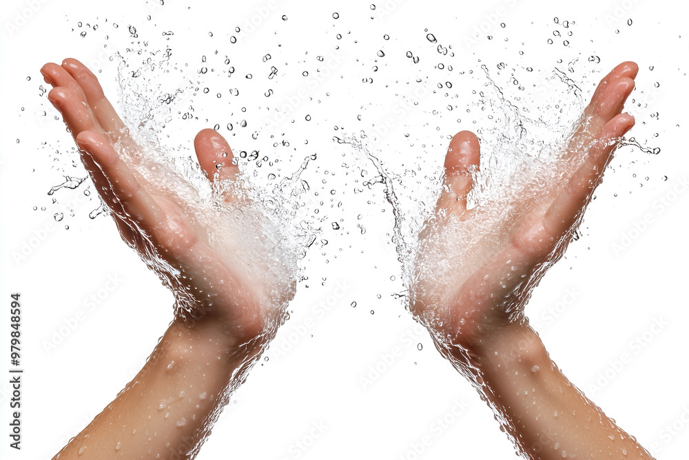 A pair of sweaty hands with water droplets splashing around them. A pair of sweaty hands with water droplets splashing around them.