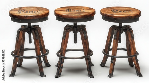 Wooden bar stools with metal accents and a natural finish on a white background