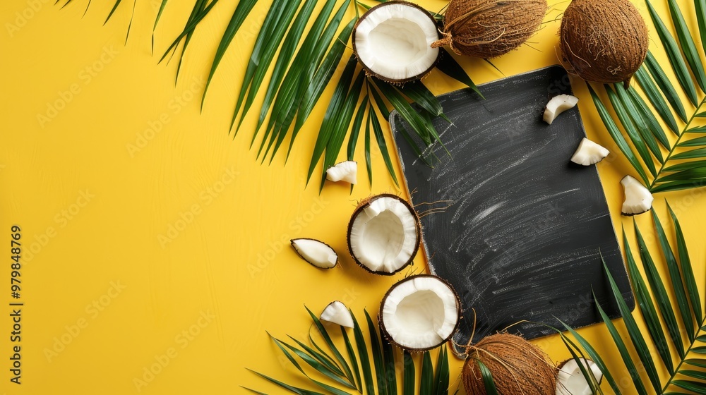 Chalkboard with coconuts on yellow backdrop Chalkboard with coconuts on yellow backdrop