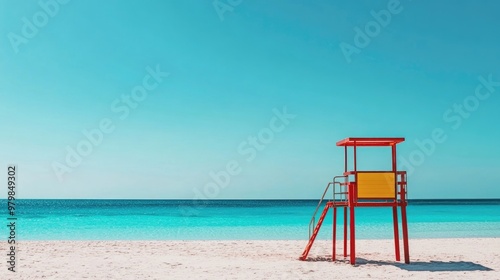 A lifeguard stand on a sunny beach, with the vibrant sea in the background and a clear blue sky above