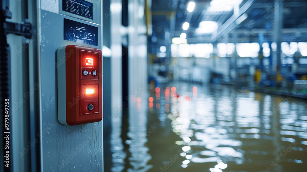 Flooded factory floor with fire suppression system controls visible, highlighting urgency of situation. Water levels rise, creating dramatic and concerning scene