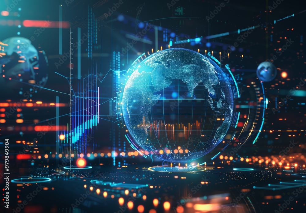 A digital globe surrounded by holographic graphs and charts, representing global data analytics in the corporate world. The background is dark with subtle blue highlights to emphasize technology theme A digital globe surrounded by holographic graphs and charts, representing global data analytics in the corporate world. The background is dark with subtle blue highlights to emphasize technology theme