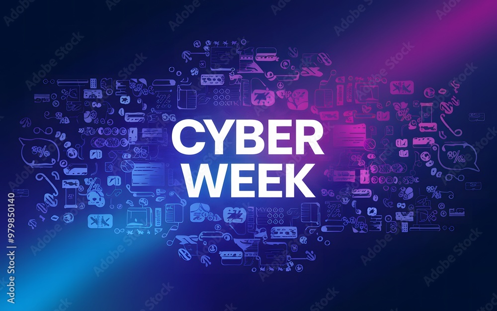 Cyber Week Dynamic Background with Floating Shopping Icons and Discounts , Generative-AI Cyber Week Dynamic Background with Floating Shopping Icons and Discounts , Generative-AI