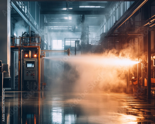 A smoke filled factory with fire alarm control panel, showcasing dramatic scene of industrial safety measures. atmosphere is tense yet captivating, highlighting importance of fire safety in manufactur photo