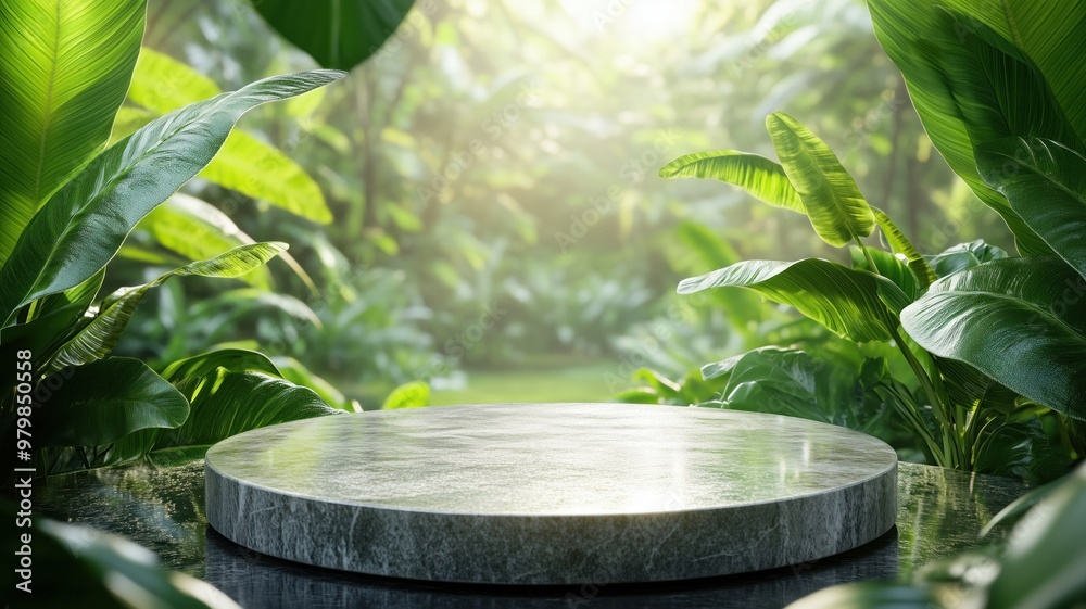 A circular stone podium surrounded by lush tropical plants, set in a sunlit jungle environment. Perfect for eco-friendly or nature-themed displays. High quality illustration. A circular stone podium surrounded by lush tropical plants, set in a sunlit jungle environment. Perfect for eco-friendly or nature-themed displays. High quality illustration.