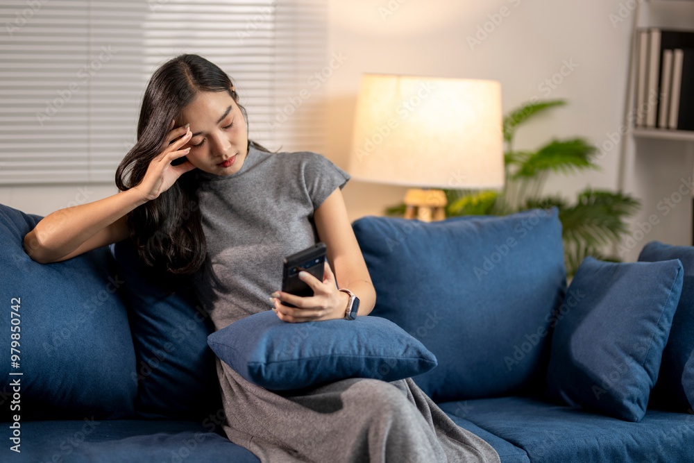 Young woman feeling stressed while using smartphone at home Young woman feeling stressed while using smartphone at home