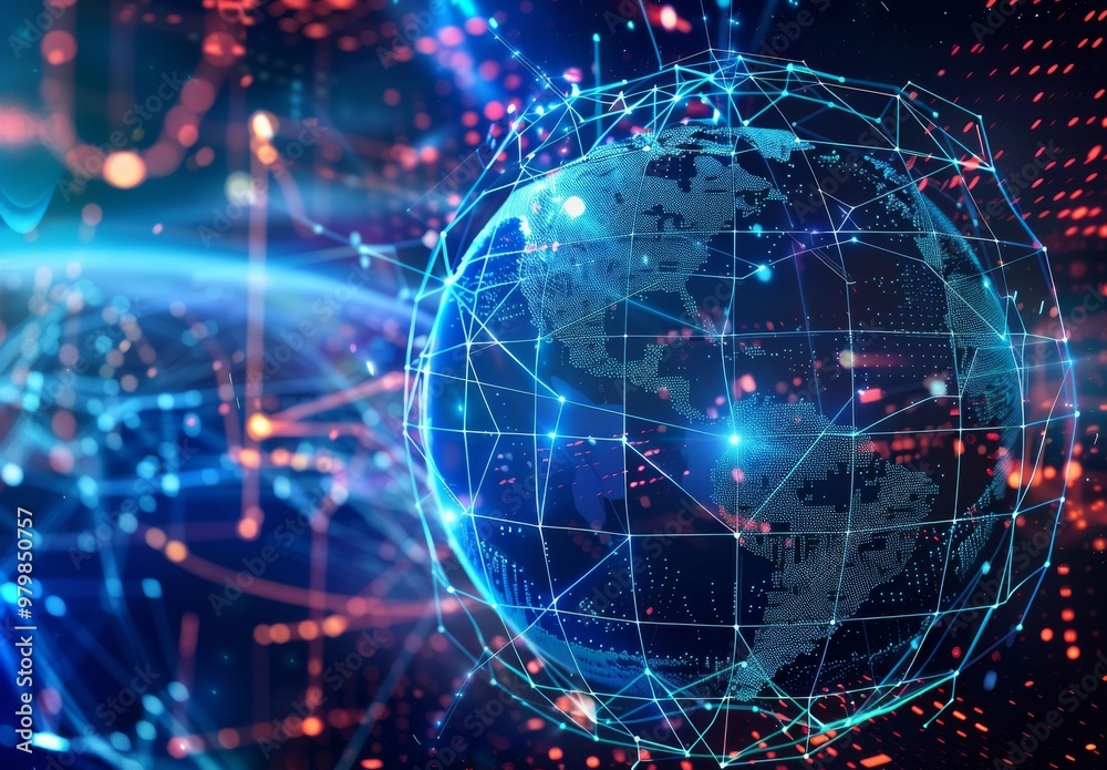 A digital globe with interconnected global network connections, representing the vast and unobstructed worldwide web for stock market trading. The background is an abstract map of various continents, A digital globe with interconnected global network connections, representing the vast and unobstructed worldwide web for stock market trading. The background is an abstract map of various continents,