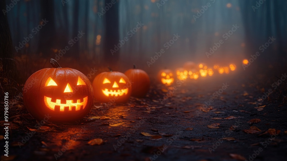 A row of flickering jack--lanterns lighting up a foggy path, with eerie shadows cast on the ground A row of flickering jack--lanterns lighting up a foggy path, with eerie shadows cast on the ground