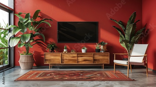 A living room with a red wall and a black television