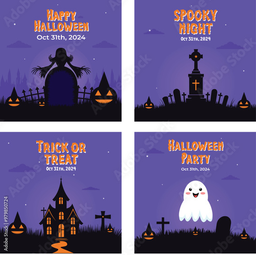 Halloween Night Party Social Media Post Template Cartoon Flat Illustration promotion social media feed carousel design